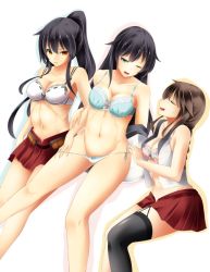 Rule 34 | 10s, 3girls, agano (kancolle), aqua eyes, black hair, blue background, bra, breasts, brown hair, closed eyes, kantai collection, large breasts, lystick, miniskirt, multiple girls, navel, noshiro (kancolle), one eye closed, open clothes, open mouth, open shirt, pink bra, ponytail, red eyes, shirt, single thighhigh, skirt, thighhighs, underwear, undressing, white background, yahagi (kancolle)