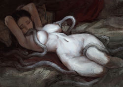 Rule 34 | 1girl, armpits, arms behind head, black hair, breast biting, breasts, commentary request, completely nude, closed eyes, female pubic hair, forehead, implied bestiality, lactation, large breasts, long hair, lying, nat the lich, navel, nude, on back, on bed, original, pale skin, pandora acherona (nat the lich), pubic hair, snake, solo focus, thick eyebrows, too many snakes, wide hips