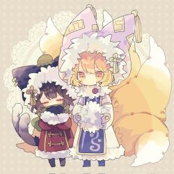 Rule 34 | 2girls, adapted costume, animal ears, black mittens, blonde hair, blush, brown hair, cat ears, cat tail, chen, closed eyes, closed mouth, coat, corrupted twitter file, fox ears, fox tail, full body, green scarf, hair between eyes, hands in opposite sleeves, highres, long sleeves, mittens, multiple girls, multiple tails, nikorashi-ka, red coat, scarf, short hair, sleeves past fingers, sleeves past wrists, tail, touhou, two tails, yakumo ran, yellow eyes