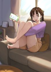 Rule 34 | 1girl, bare legs, barefoot, bookshelf, brown eyes, brown hair, brown shorts, calendar (object), cellphone, commentary, couch, day, eyelashes, full body, hair ribbon, half updo, highres, holding, holding phone, hugging own legs, indoors, jun (navigavi), knees to chest, looking at viewer, medium hair, midriff, open mouth, original, panties, panty peek, phone, purple shirt, ribbon, shirt, short shorts, short sleeves, shorts, sitting, smartphone, smile, solo, sunlight, thighs, translated, twintails, underwear, upshorts, white panties, window, yellow ribbon