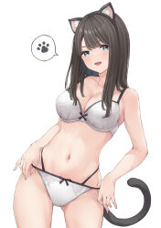 Rule 34 | 1girl, adjusting clothes, adjusting panties, animal ear hairband, animal ear headwear, animal ears, blue eyes, bow, bow bra, bow panties, bra, breasts, brown hair, cat ear hairband, cat ears, cat tail, cleavage, collarbone, commentary, cowboy shot, diamond mouth, fake animal ears, fang, hairband, highres, large breasts, long hair, looking at viewer, navel, open mouth, original, panties, simple background, solo, speech bubble, spoken paw, stomach, symbol-only commentary, tail, teeth, underwear, upper teeth only, white background, white bra, wing (aiastor)