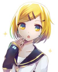 Rule 34 | 1boy, :o, androgynous, arm warmers, black collar, blonde hair, bloom, collar, collarbone, commentary, hair ornament, hairclip, hand on own chin, highres, kagamine len, kagamine len (if), looking at viewer, male focus, necktie, sailor collar, school uniform, shirt, solo, sparkle, swept bangs, upper body, vocaloid, wakolenrin, white background, white shirt, yellow eyes, yellow necktie