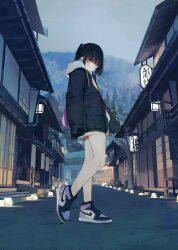 Rule 34 | 1girl, architecture, bare legs girl (kamizaki hibana), black hair, black jacket, closed mouth, commentary request, east asian architecture, full body, grey sky, hood, hood down, hoodie, jacket, kamizaki hibana, looking at viewer, multicolored footwear, nike (company), original, outdoors, purple eyes, purple footwear, sky, sleeves past fingers, sleeves past wrists, solo, standing, thighs, tree, twintails, white footwear, white hoodie
