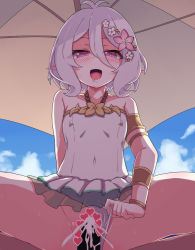 Rule 34 | 1girl, bare shoulders, blue skirt, blush, breasts, censored, cloud, cloudy sky, cowgirl position, cum, cum in pussy, elf, flower, hair flower, hair ornament, heart, heart censor, ka-9, kokkoro (princess connect!), kokkoro (summer) (princess connect!), looking at viewer, nipples, one-piece swimsuit, open mouth, penis, pink eyes, pointy ears, princess connect!, sex, short hair, silver hair, skirt, sky, small breasts, straddling, swimsuit, umbrella, white flower, white one-piece swimsuit