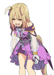 Rule 34 | 1girl, absurdres, animal ears, bare shoulders, blonde hair, bow, clenched hand, crying, crying with eyes open, dress, ears down, gloves, highres, horse ears, horse girl, horse tail, long hair, long sleeves, looking down, narita top road (umamusume), open mouth, purple dress, sad, see-through, see-through sleeves, simple background, solo, standing, streaming tears, tail, tears, umamusume, umamusume: road to the top, white background, white bow, white gloves, yamazaki jun