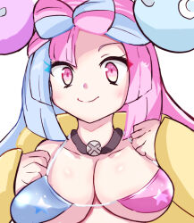 Rule 34 | 1girl, alternate costume, bikini, breasts, creatures (company), game freak, highres, iono (pokemon), large breasts, multicolored hair, nintendo, pink hair, pokemon, pokemon sv, re-tori, simple background, solo, swimsuit, two-tone hair, white background