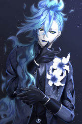 Rule 34 | 105 (asa103), 1boy, asymmetrical hair, black background, black gloves, black vest, blue eyeshadow, blue hair, blue jacket, blue lips, boutonniere, buttoned cuffs, buttons, collared shirt, commentary request, crossed bangs, eyelashes, eyeshadow, fiery hair, flower, formal, gloves, green eyes, hair between eyes, hair over shoulder, hand up, highres, idia shroud, jacket, long hair, long sleeves, looking at viewer, makeup, male focus, open clothes, open jacket, open mouth, pale skin, parted bangs, sharp teeth, shirt, sidelocks, solo, suit, teeth, tongue, tongue out, twisted wonderland, upper body, very long hair, vest, white flower, wing collar