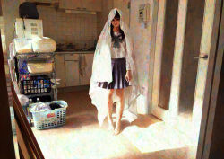 Rule 34 | 1girl, bare legs, barefoot, basket, black hair, black skirt, blanket, blue sailor collar, commentary request, container, corded phone, cupboard, door, drawer, hironoshousei, long hair, long sleeves, looking at viewer, neckwear request, original, phone, pleated skirt, sailor collar, school uniform, shadow, shelf, shirt, shirt tucked in, sink, skirt, solo, white shirt