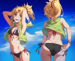 Rule 34 | 1girl, :d, adjusting clothes, adjusting swimsuit, armpits, arms behind head, arms up, ass, back, bare shoulders, bikini, black bikini, blonde hair, blue sky, braid, breasts, commentary request, day, duplicate, fangs, fate/apocrypha, fate (series), french braid, from behind, front-tie bikini top, front-tie top, green eyes, green shirt, hair ornament, hair scrunchie, halterneck, long hair, mordred (fate), mordred (fate/apocrypha), multiple views, navel, open mouth, photoshop (medium), ponytail, red scrunchie, revision, scrunchie, shirt, side-tie bikini bottom, sidelocks, sky, small breasts, smile, stomach, string bikini, swimsuit, tank top, tonee
