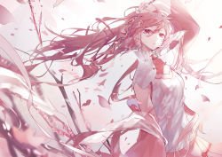 Rule 34 | branch, cherry blossoms, collar, commentary, detached sleeves, flower, hair flower, hair ornament, half-closed eyes, hand on head, hand up, hatsune miku, long hair, looking at viewer, mamenomoto, parted lips, petals, pink eyes, pink hair, pink skirt, pink sleeves, pleated skirt, ribbon, sakura miku, shirt, skirt, sleeveless, sleeveless shirt, very long hair, vocaloid, white collar, white shirt