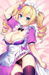 Rule 34 | 1girl, apron, areola slip, arm up, blonde hair, blush, bow, bowtie, braid, breasts, brown panties, cleavage, closed mouth, commentary request, commission, cross tattoo, dakimakura (medium), drill hair, eye tattoo, french braid, green eyes, hair ornament, highres, indie virtual youtuber, lace, lace panties, large breasts, lif prase, long hair, looking at viewer, lying, maid, maid apron, maid headdress, multicolored hair, on back, pankura, panties, pink bow, pink bowtie, pink hair, skeb commission, skull hair ornament, solo, streaked hair, swept bangs, tattoo, thighhighs, twin drills, twintails, underwear, virtual youtuber