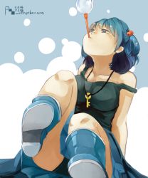 Rule 34 | 1girl, arm support, artist name, bad id, bad pixiv id, bare shoulders, black panties, blue eyes, blue footwear, blue hair, boots, breasts, bubble, bubble background, blowing bubbles, clothes around waist, collarbone, dated, fuyu banana, hair bobbles, hair ornament, highres, jewelry, kawashiro nitori, key, key necklace, large breasts, leg up, looking up, matching hair/eyes, mouth hold, necklace, no headwear, panties, rubber boots, shirt, shirt around waist, short hair, sitting, solo, strap slip, tank top, touhou, two side up, underwear