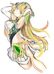 Rule 34 | 1girl, blonde hair, blush, breasts, chest jewel, cleavage, core crystal (xenoblade), elbow gloves, gloves, hands on own head, large breasts, long hair, looking at viewer, looking back, mythra (xenoblade), nintendo, solo, tiara, white background, xenoblade chronicles (series), xenoblade chronicles 2, yellow eyes