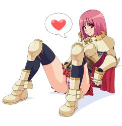 Rule 34 | 1girl, amami amayu, armor, armored dress, cape, heart, looking at viewer, lord knight (ragnarok online), miniskirt, panties, pantyshot, pink hair, ragnarok online, red eyes, red hair, simple background, skirt, solo, spoken heart, thighhighs, underwear, white background