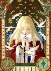 Rule 34 | 1boy, androgynous, bird, blonde hair, canute, cape, closed eyes, closed mouth, cross, dove, enchitu, fur trim, highres, holding, holding cross, long hair, long sleeves, male focus, own hands clasped, own hands together, red cape, stained glass, vinland saga