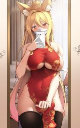 Rule 34 | 1girl, absurdres, animal ear fluff, animal ears, bare hips, black thighhighs, blonde hair, blush, breasts, cellphone, china dress, chinese clothes, clothing cutout, commission, covered navel, cowboy shot, dress, ellin meiji, groin, heart, heart-shaped pupils, high ponytail, highres, holding, holding phone, indoors, k pring, large breasts, long hair, looking at viewer, mask, mirror, mouth mask, original, pelvic curtain, phone, red dress, red eyes, reflection, selfie, sidelocks, skindentation, skirt hold, sleeveless, sleeveless dress, smartphone, solo, surgical mask, symbol-shaped pupils, taking picture, thigh gap, thighhighs, underboob, underboob cutout, very long hair