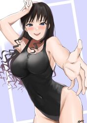 Rule 34 | 1girl, amagami, armpits, black one-piece swimsuit, blue background, blue eyes, border, breasts, brown hair, competition swimsuit, covered navel, medium breasts, mori heichi, morishima haruka, one-piece swimsuit, outstretched arm, reaching, reaching towards viewer, signature, smile, solo, swimsuit, thighs, white border, wiping face