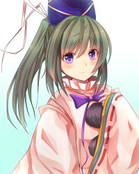 Rule 34 | 1girl, bad id, bad pixiv id, blush, bow, bowtie, closed mouth, commentary request, grey hair, hat, highres, japanese clothes, kariginu, long sleeves, looking at viewer, mononobe no futo, nekomiyanono, pom pom (clothes), ponytail, purple bow, purple bowtie, purple eyes, ribbon-trimmed sleeves, ribbon trim, smile, solo, tate eboshi, touhou, upper body, wide sleeves