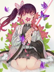 Rule 34 | 1girl, absurdres, animal print, belt, belt buckle, black shirt, black skirt, blunt bangs, boots, buckle, bug, butterfly, butterfly hair ornament, butterfly print, commentary, cross-laced footwear, flower, flower on mouth, flower over mouth, gradient hair, hair ornament, haori, highres, holding, holding sword, holding weapon, insect, japanese clothes, katana, kimetsu no yaiba, leaf, long sleeves, looking at viewer, multicolored hair, nagatsuki take, pink eyes, pink flower, pleated skirt, purple butterfly, purple hair, shirt, side ponytail, sidelocks, sitting, skirt, solo, sword, tsuyuri kanao, wariza, weapon, white belt, white footwear