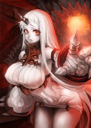Rule 34 | 10s, 1girl, abyssal ship, bare shoulders, breasts, claws, colored skin, cowboy shot, detached sleeves, dress, covered erect nipples, highres, hjz (artemi), horns, kantai collection, large breasts, leaning forward, long hair, looking at viewer, outstretched hand, red eyes, ribbed dress, ribbed sweater, seaport princess, short dress, single horn, solo, sweater, sweater dress, very long hair, white hair, white skin