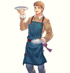 Rule 34 | 1boy, :d, apron, brown hair, brown shirt, character name, commentary, dungeon meshi, english commentary, grey pants, highres, holding, holding plate, laios touden, long sleeves, male focus, open mouth, pants, plate, shirt, short hair, simple background, smile, solo, standing, stnutt, white background, yellow eyes