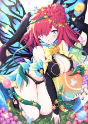 Rule 34 | 1girl, absurdres, animal ears, bare shoulders, blue eyes, breasts, bug, butterfly, cleavage, commission, detached sleeves, easter egg, egg, facial mark, fairy, fairy wings, fake animal ears, fire emblem, fire emblem heroes, flower, grass, hair flower, hair ornament, hair vines, highres, holding, holding egg, insect, kneeling, large breasts, looking at viewer, medium hair, nintendo, official alternate costume, on grass, open mouth, piro (orip), rabbit ears, red hair, second-party source, solo, thorns, triandra (fire emblem), triandra (spring) (fire emblem), wings