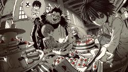 Rule 34 | 1girl, 3boys, absurdres, amane misa, button eyes, buttons, cake, chair, crumbs, cup, death note, death note (object), dessert, detached sleeves, drink, feather collar, food, fork, fruit, goth fashion, highres, holding, holding fork, holding pen, identity v, indoors, jewelry, l (death note), looking at viewer, monochrome, multiple boys, necklace, notebook, omao, pen, pov, ryuk, shinigami, short hair, sitting, staple, strawberry, two side up, window, yagami light
