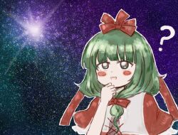 Rule 34 | 1girl, ?, blunt bangs, blush, bow, front ponytail, gradient background, green hair, hair bow, hair ribbon, highres, kagipen, kagiyama hina, meme, open mouth, puffy short sleeves, puffy sleeves, red bow, red ribbon, ribbon, short sleeves, smile, solo, space, space cat (meme), thinking, touhou, upper body