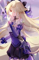 Rule 34 | 1girl, absurdres, blonde hair, bow, braid, closed mouth, detached sleeves, dress, fischl (ein immernachtstraum) (genshin impact), fischl (genshin impact), genshin impact, hair bow, hair over one eye, highres, jewelry, linnoko, long hair, long sleeves, looking at viewer, one eye covered, purple dress, red eyes, ring, smile, solo