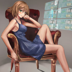 Rule 34 | 1girl, alternate costume, armchair, blush, breasts, chair, closed mouth, gradient background, green eyes, grey background, hair between eyes, haruto (harut n), kantai collection, looking at viewer, medium breasts, mutsu (kancolle), sitting, sleepwear, solo