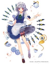 Rule 34 | 1girl, apron, artist name, bare legs, bloomers, blue skirt, blue vest, braid, breasts, brown footwear, collared shirt, concealed weapon, cup, floating, floating object, frilled skirt, frills, full body, gears, izayoi sakuya, knife, looking at viewer, maid apron, maid headdress, medium breasts, medium hair, neck ribbon, open mouth, pikatsu, pocket watch, red eyes, ribbon, saucer, shirt, shoes, short sleeves, side braids, silver hair, simple background, skirt, skirt set, socks, solo, teacup, teapot, thigh strap, thighs, touhou, twin braids, underwear, vest, watch, watermark, white background, white shirt, wrist cuffs