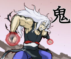 Rule 34 | 1boy, ahoge, alternate hairstyle, bare shoulders, black shirt, blue pants, clenched hand, gloves, glowing, glowing hand, horns, long hair, male focus, mannosuke, morichika rinnosuke, muscular, oni, oni horns, pants, sash, shinadume, shirt, silver hair, solo, tabard, tank top, teeth, torn clothes, torn gloves, touhou, yellow eyes