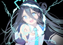 Rule 34 | 1girl, absurdres, aqua halo, aqua necktie, aris (blue archive), black background, black hair, blue archive, blue eyes, commentary request, electricity, electrokinesis, flat chest, glowing, glowing halo, hair between eyes, halo, hand up, highres, index finger raised, jacket, long hair, long sleeves, looking at viewer, meme, necktie, only my railgun (meme), open mouth, parody, pointing, pointing at viewer, pose imitation, psychic, rectangular halo, scene reference, shirt, side ponytail, solo, teeth, toaru kagaku no railgun, toaru majutsu no index, upper body, upper teeth only, v-shaped eyebrows, white jacket, white shirt, zumikusu