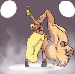 Rule 34 | 1girl, absurdres, alcohol, animal ears, arm up, black footwear, bottle, bracelet, breasts, closed eyes, creatures (company), diamond (shape), dress, female focus, from behind, full body, furry, furry female, game freak, gen 4 pokemon, grey background, happy, high heels, highres, immortalstar, jewelry, large breasts, legs apart, lopunny, nintendo, open mouth, pokemon, pokemon (creature), pokemon dppt, rabbit ears, rabbit tail, shoes, sideboob, simple background, skindentation, smile, solo, sparkle, standing, tail, teeth, text focus, watermark, wine bottle, yellow dress