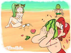Rule 34 | 1girl, 2boys, bikini, breasts, cleavage, covering privates, covering breasts, food, fruit, highres, long hair, luigi, mario, medium breasts, multiple boys, palutena, ponytail, swimsuit, tobias wheller, topless, watermelon