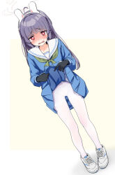 Rule 34 | 1girl, ahoge, black gloves, blue archive, blue shirt, blue skirt, blush, bright pupils, clothes lift, embarrassed, full body, gloves, grey hair, halo, highres, lifted by self, long hair, miyu (blue archive), mutsumura ryuuichi, pantyhose, red eyes, sailor collar, school uniform, serafuku, shirt, shoes, skirt, skirt lift, sneakers, solo, wavy mouth, white pantyhose, white pupils, white sailor collar