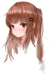 Rule 34 | 1girl, bad id, bad pixiv id, blush, brown eyes, brown hair, closed mouth, commentary request, dokomon, girls&#039; frontline, hair ornament, hairclip, k2 (girls&#039; frontline), korean commentary, long hair, looking at viewer, one side up, portrait, simple background, solo, white background