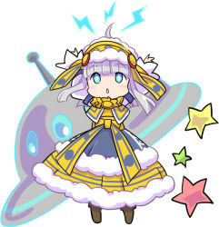 Rule 34 | 1girl, arms up, artist request, blue eyes, bow, brown footwear, chestnut mouth, dress, full body, hat, no nose, official art, relia (star ocean), shoes, short hair, silver hair, solo, star (symbol), star ocean, star ocean integrity and faithlessness, ufo, yellow bow