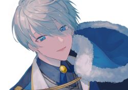 Rule 34 | 1boy, arthur grandwell, blazer, blue cape, blue eyes, blue jacket, blue shirt, cape, fur-trimmed cape, fur trim, grey hair, grey sweater vest, highres, jacket, looking at viewer, mahoutsukai no yakusoku, male focus, multicolored clothes, multicolored jacket, open mouth, piza-chan, shirt, short hair, smile, solo, sweater vest, white background, white jacket