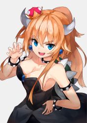Rule 34 | 1girl, :d, armlet, bare arms, bare shoulders, black collar, black dress, blonde hair, blue eyes, bowsette, bracelet, breasts, brooch, claw pose, cleavage, collar, collarbone, commentary request, crown, dress, earrings, fang, grey background, hair between eyes, hand on own hip, hand up, hide448, highres, horns, jewelry, large breasts, long hair, looking at viewer, mario (series), mini crown, new super mario bros. u deluxe, nintendo, open mouth, ponytail, shiny skin, simple background, smile, solo, spiked armlet, spiked bracelet, spiked collar, spiked shell, spikes, strapless, strapless dress, super crown, thick eyebrows, upper body, v-shaped eyebrows