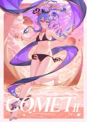 Rule 34 | 1girl, absurdres, barefoot, beach, bikini, black bikini, blue eyes, blue hair, blue nails, bow, bracelet, breasts, commentary request, crown, english text, feet, full body, grin, hair between eyes, hair bow, halterneck, highres, hololive, hoshimachi suisei, jewelry, knees together feet apart, legs, looking at viewer, mini crown, nail polish, navel, necklace, planet, ponytail, sand, side-tie bikini bottom, small breasts, smile, solo, spread toes, string bikini, sunset, swimsuit, toenail polish, toenails, toes, virtual youtuber, water, yozora (1wkdgusdn)