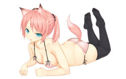 Rule 34 | 1girl, :p, animal ears, aqua eyes, bad id, bad pixiv id, bare shoulders, black thighhighs, bra, breasts, collarbone, fox ears, fox tail, kabocha head, lingerie, lying, medium breasts, on stomach, original, panties, pink bra, pink hair, pink panties, ponytail, slit pupils, solo, tail, thighhighs, tongue, tongue out, underwear, underwear only, white background