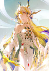 Rule 34 | 1girl, arknights, bare shoulders, beads, belt, blonde hair, blue horns, chromatic aberration, dragon girl, dragon horns, earrings, feet out of frame, grey eyes, grey horns, hair between eyes, hair intakes, highres, holding, holding sword, holding weapon, horns, jacket, jewelry, lens flare, light particles, lirisy, long hair, long sleeves, looking afar, looking to the side, multicolored hair, necklace, off shoulder, open clothes, open jacket, pants, parted lips, plant, pointy ears, purple hair, shu (arknights), solo, standing, strapless, sunlight, sword, tube top, twitter username, very long hair, watermark, weapon, white belt, white hair, white horns, white jacket, white pants, white tube top, yellow horns