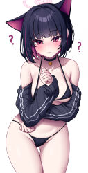 Rule 34 | 1girl, ?, absurdres, alternate costume, animal ears, arms under breasts, bikini, black bikini, black choker, black hair, black hoodie, blue archive, breasts, cat ears, choker, closed mouth, collarbone, colored inner hair, commentary request, cowboy shot, crossed arms, expressionless, gluteal fold, highres, hood, hoodie, kazusa (blue archive), large breasts, metaljelly, multicolored hair, navel, pink hair, red eyes, short hair, simple background, solo, swimsuit, two-tone hair, white background