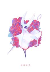 Rule 34 | 1girl, absurdres, bad id, bad twitter id, bug, character name, cloak, flower, fortisselle, full body, highres, hollow eyes, hollow knight, hornet (hollow knight), horns, needle, needle (hollow knight), red flower, red rose, rose, simple background, solo, weapon, white background, white cloak