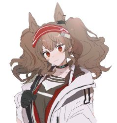 Rule 34 | 1girl, angelina (arknights), animal ears, arknights, black gloves, brown hair, coat, dal-gi, earpiece, fox ears, fox girl, gloves, hairband, highres, infection monitor (arknights), long hair, looking at viewer, open clothes, open coat, red eyes, red hairband, sidelocks, simple background, smile, solo, twintails, upper body, white background, white coat