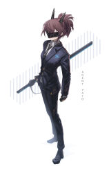 Rule 34 | 1girl, absurdres, arknights, black footwear, black gloves, black jacket, black necktie, black pants, brown hair, character name, closed mouth, collared shirt, commentary, english commentary, english text, formal, franlol, full body, gloves, highres, holding, holding sword, holding weapon, horns, jacket, long sleeves, mask, necktie, pants, shirt, short hair, short ponytail, standing, striped, striped background, suit, sword, weapon, white background, white shirt, yato (arknights)