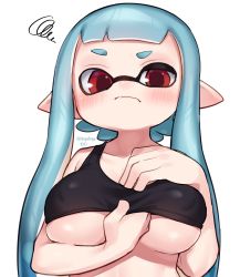 Rule 34 | 1girl, annoyed, aqua hair, blush, breasts, busujima funya, clothes lift, crop top, domino mask, highres, inkling player character, large breasts, long hair, looking at viewer, mask, nintendo, pointy ears, red eyes, shirt lift, simple background, solo, splatoon (series), sweat, tank top, tentacle hair, twintails, twitter username, underboob, upper body, white background