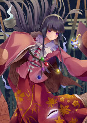 Rule 34 | 1girl, absurdres, bamboo, black hair, blush, branch, closed mouth, floating hair, highres, hime cut, holding, holding branch, houraisan kaguya, japanese clothes, jeweled branch of hourai, koizumo, long hair, pink shirt, purple eyes, red skirt, shirt, sidelocks, skirt, sleeves past wrists, smile, solo, touhou, wide sleeves
