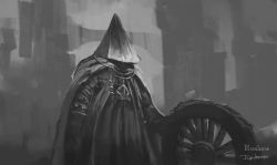 Rule 34 | 1boy, alfred (bloodborne), artist name, bloodborne, cape, cloak, copyright name, grey background, greyscale, helm, helmet, highres, holding, holding weapon, logarius wheel, male focus, monochrome, outdoors, solo, standing, tripdancer, weapon, wheel